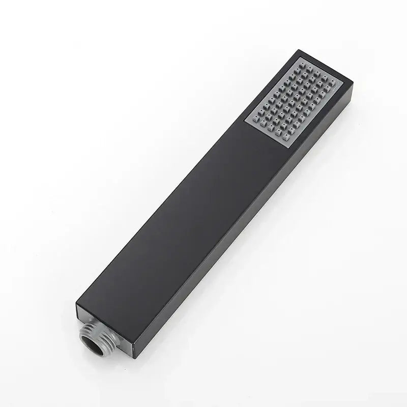 DecorBites black high pressure hand-held shower head with rectangular shape and grid of nozzles for water saving and rainfall