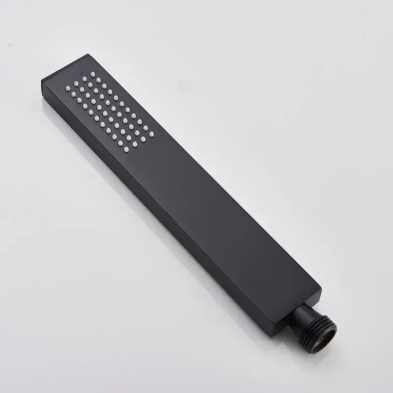 Decorbites black matte finish hand-held shower head with white nozzles designed for water saving and high pressure use