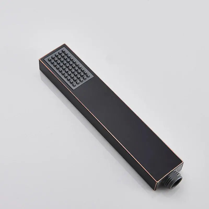 Modern rectangular decorbites™ hand-held shower head with dark bronze finish and multiple small nozzles for rainfall use