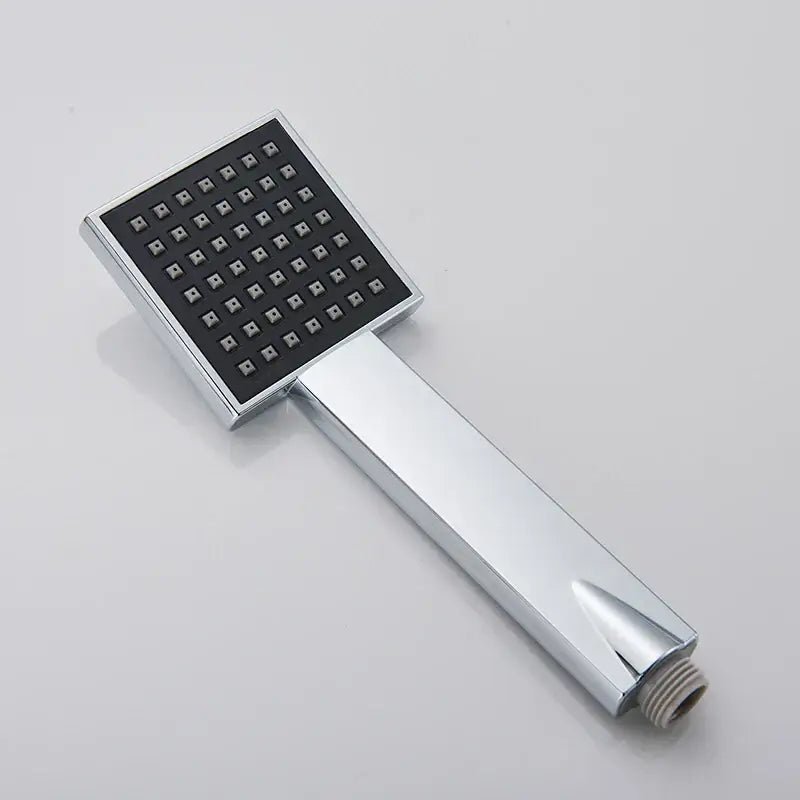 Chrome-finished decorbites™ black hand-held shower head with grid-patterned face and multiple nozzles for water saving