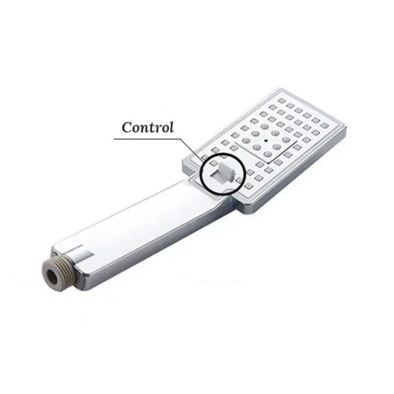 Chrome-finished rectangular shower head with small nozzles and control switch from DecorBites™ hand-held shower head