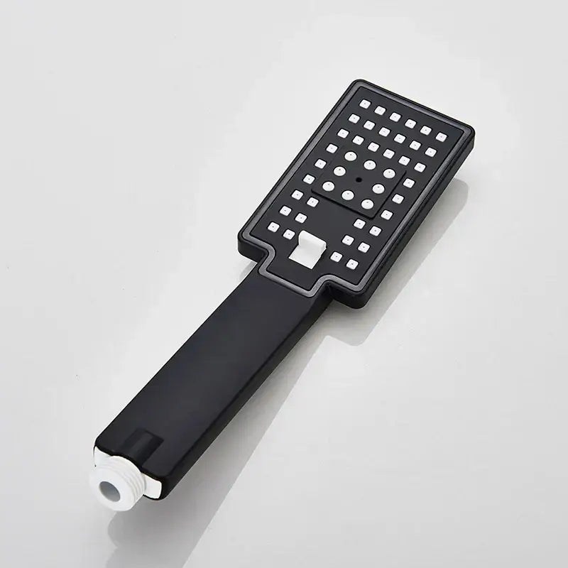 Decorbites black high pressure hand-held shower head with white nozzles and modern rectangular rainfall design for water saving