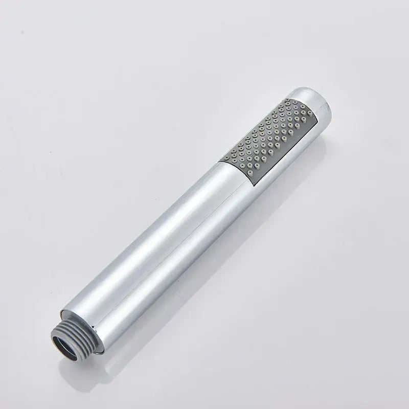 Silver hand-held shower head with textured dotted spray face and threaded connection for bathroom rainfall use