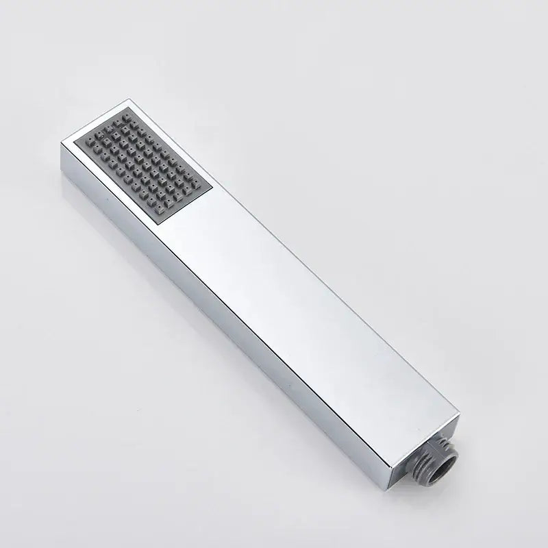 Modern chrome-finished rectangular hand-held shower head with small nozzles for water saving and rainfall use
