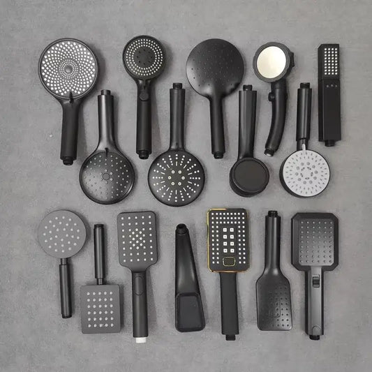 Decorbites black high pressure handheld shower head collection in black matte finish with various designs and patterns