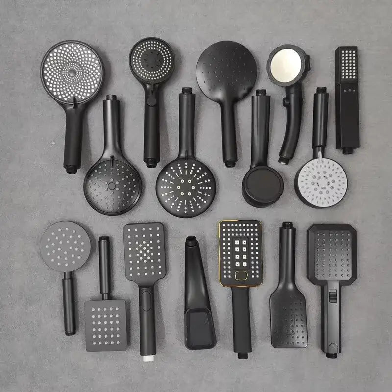 Decorbites black high pressure handheld shower head collection in black matte finish with various designs and patterns