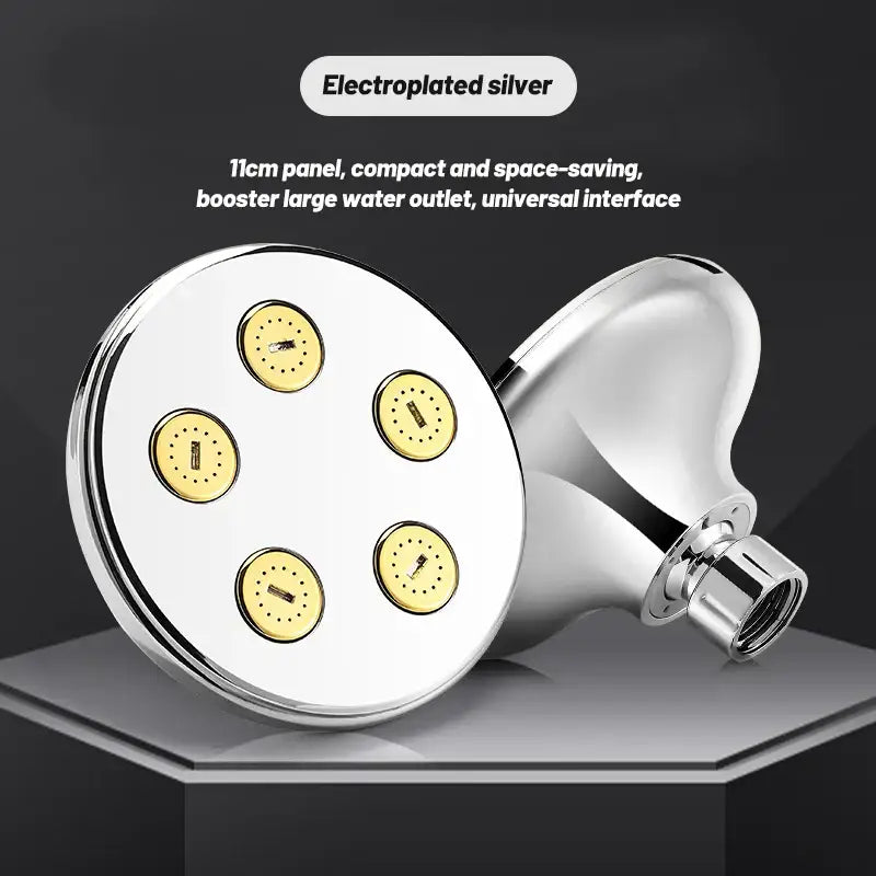 Electroplated silver decorbites black high pressure mini rainshower shower head with five gold nozzles for water-saving use