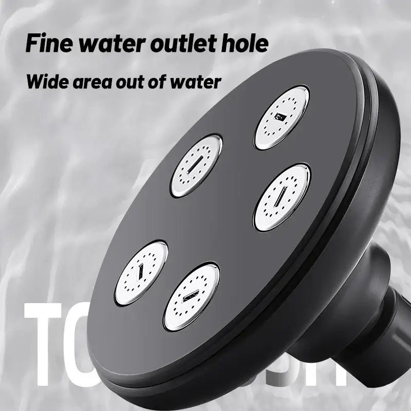 Decorbites black high pressure mini rainshower shower head with four circular nozzles for water-saving bath experience