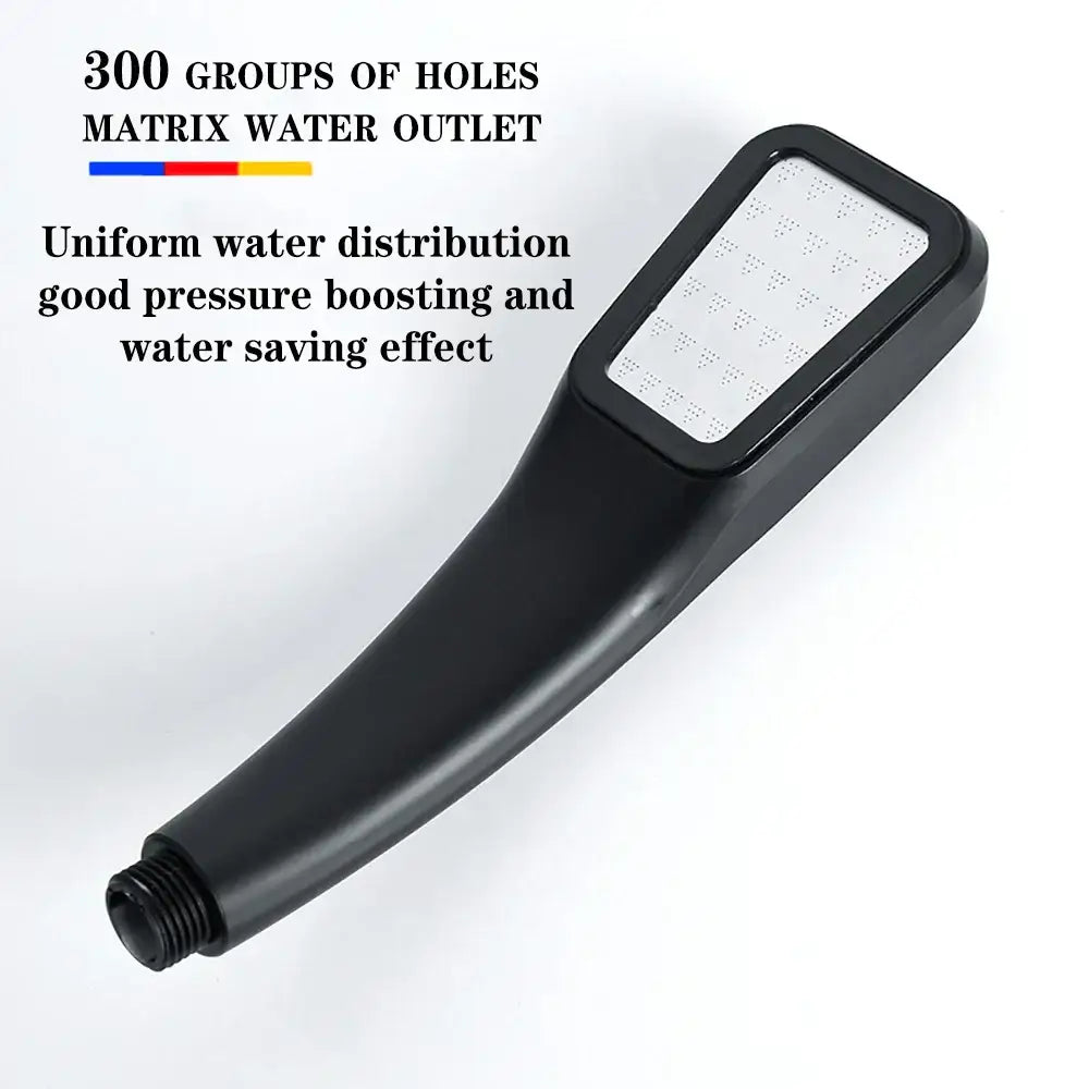 Decorbites™ black plastic high pressure rainfall shower head with rectangular face featuring 300 small holes for uniform water distribution