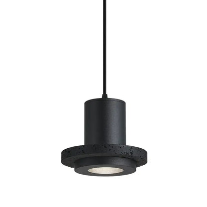 Decorbites black hole stone chandelier featuring black cylindrical pendant with textured concrete ring and circular led bulb