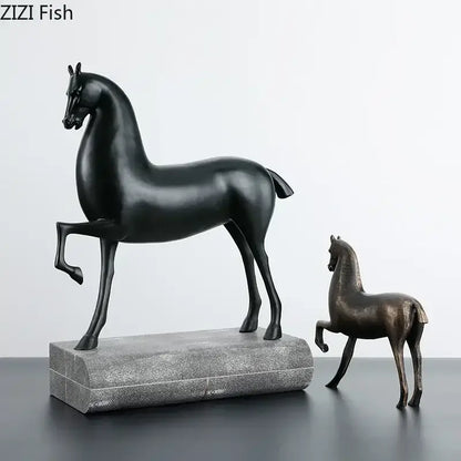 DecorBites black horse glossy sculpture with sleek design on textured silver base for modern minimalist room decor
