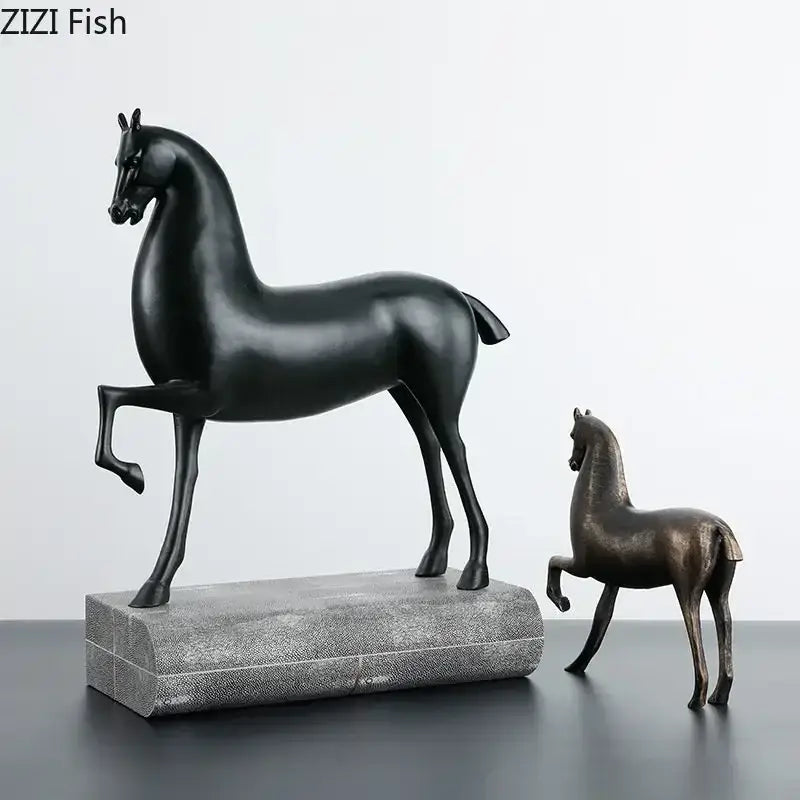 DecorBites black horse glossy sculpture with sleek design on textured silver base for modern minimalist room decor