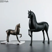 Decorbites black horse sculpture featuring sleek black and bronze polished surfaces for modern minimalist decor