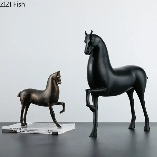 Decorbites black horse sculpture featuring sleek black and bronze polished surfaces for modern minimalist decor