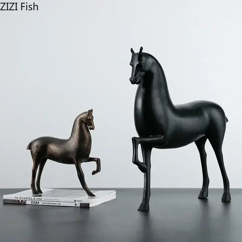 Decorbites black horse sculpture featuring sleek black and bronze polished surfaces for modern minimalist decor