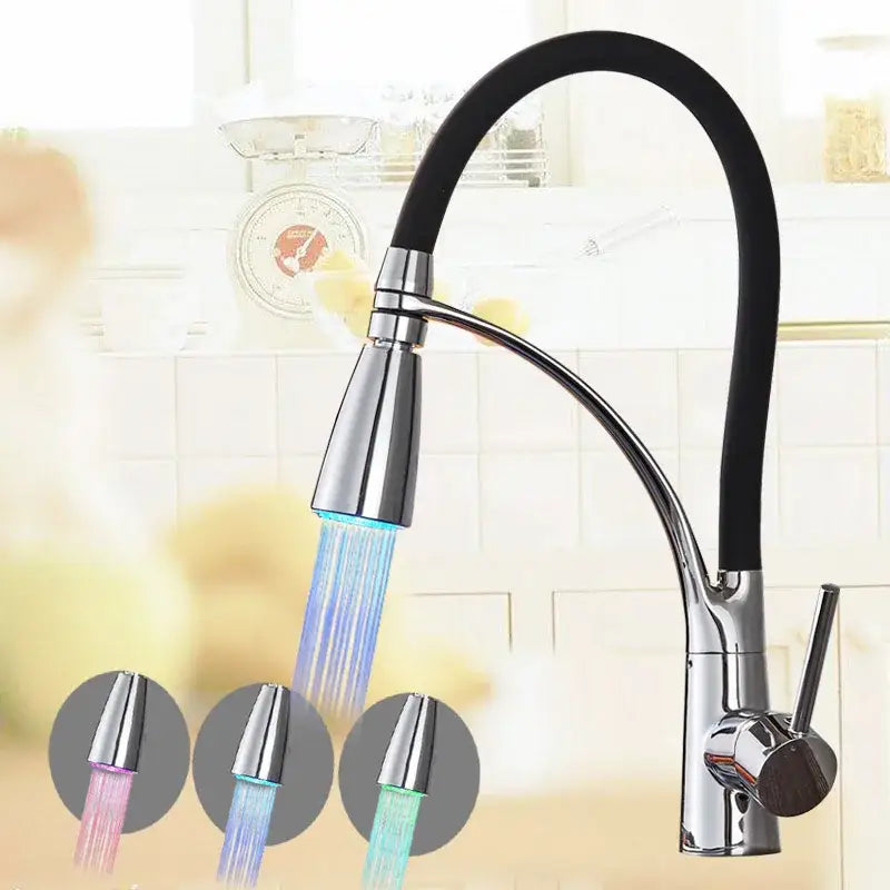 Modern decorbites black hose kitchen faucet with single handle chrome finish and led color changing pull down sprayer