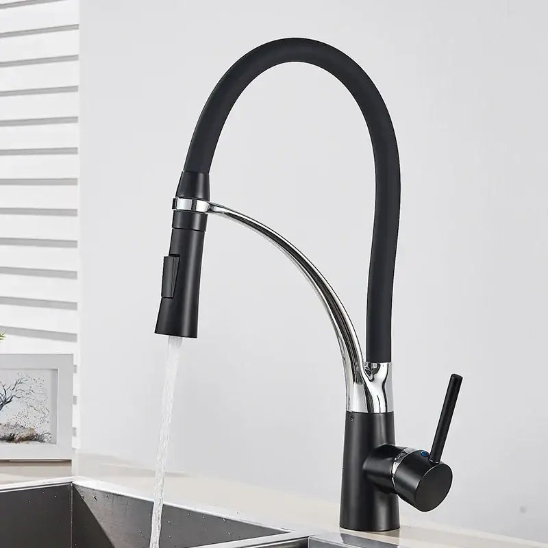 Decorbites black hose kitchen faucet with single handle pull down sprayer and flexible black and chrome gooseneck spout