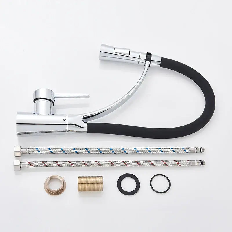 Modern chrome finish decorbites black hose kitchen faucet with flexible black hose and two braided supply lines