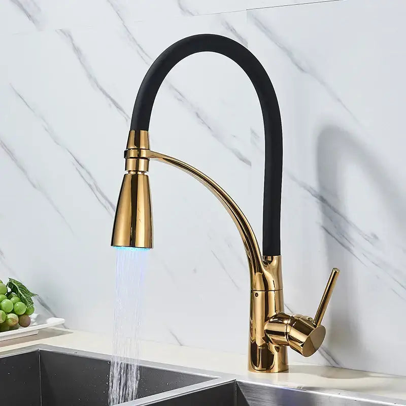 Decorbites black hose kitchen faucet with gold tone, single handle, pull down sprayer, and blue led lighting