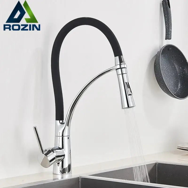 Decorbites black hose kitchen faucet with chrome finish flexible black rubber hose and single handle pull down sprayer