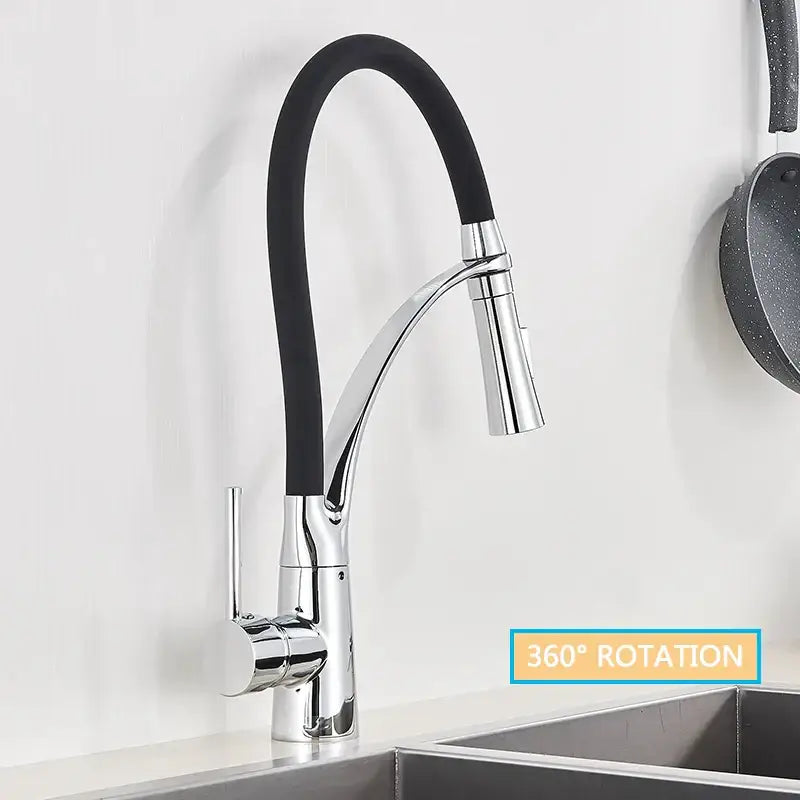 Decorbites black hose kitchen faucet in chrome finish with flexible black hose and pull down spray head single handle