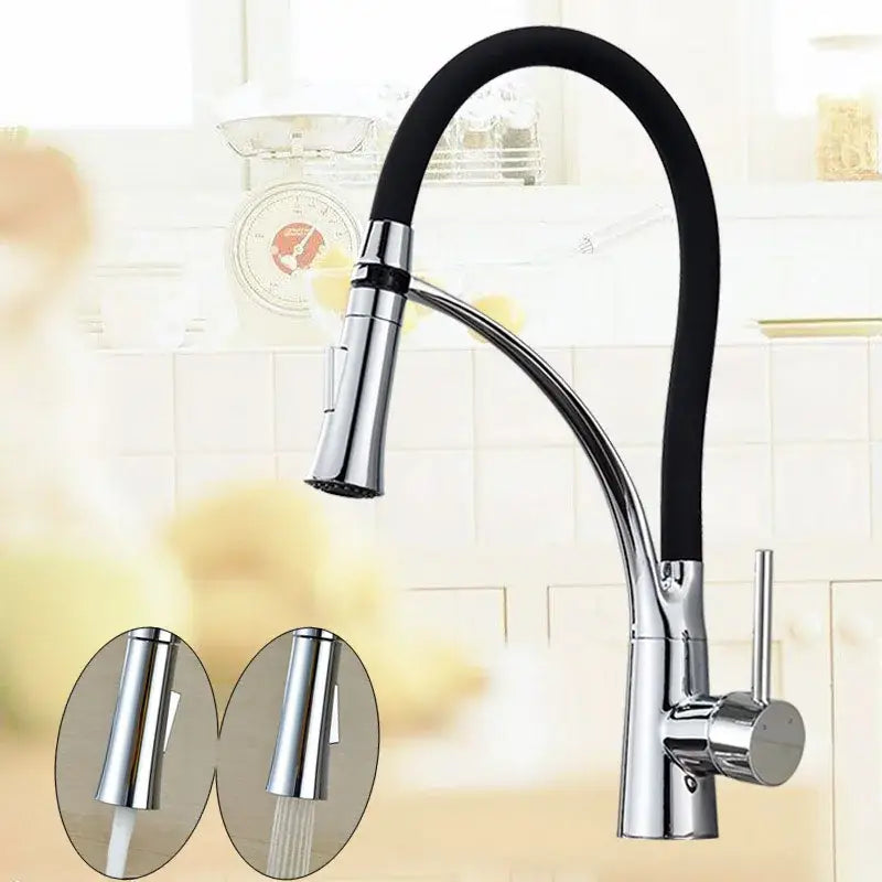 DecorBites black hose kitchen faucet with chrome finish single handle and flexible pull down spray head hose kitchen faucet