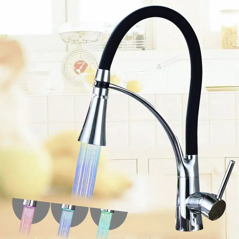 Modern chrome finished decorbites black hose kitchen faucet with single handle and led color changing pull down sprayer