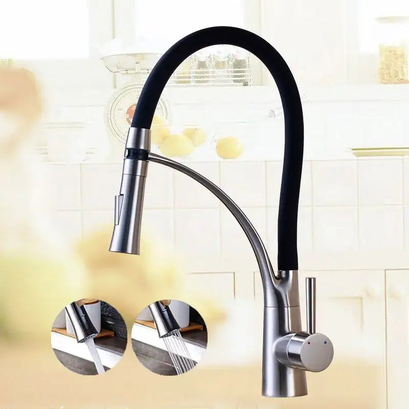 Modern stainless steel decorbites black hose kitchen faucet with single handle and pull down flexible spray head