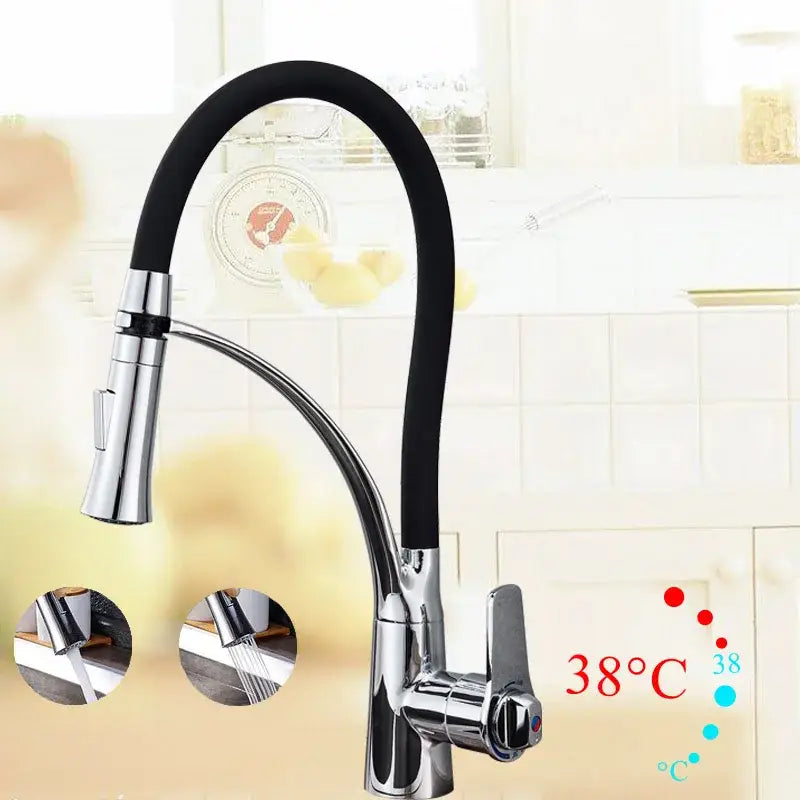 Decorbites™ kitchen mixer tap with single handle, chrome finish, black flexible hose, and pull-down spray head
