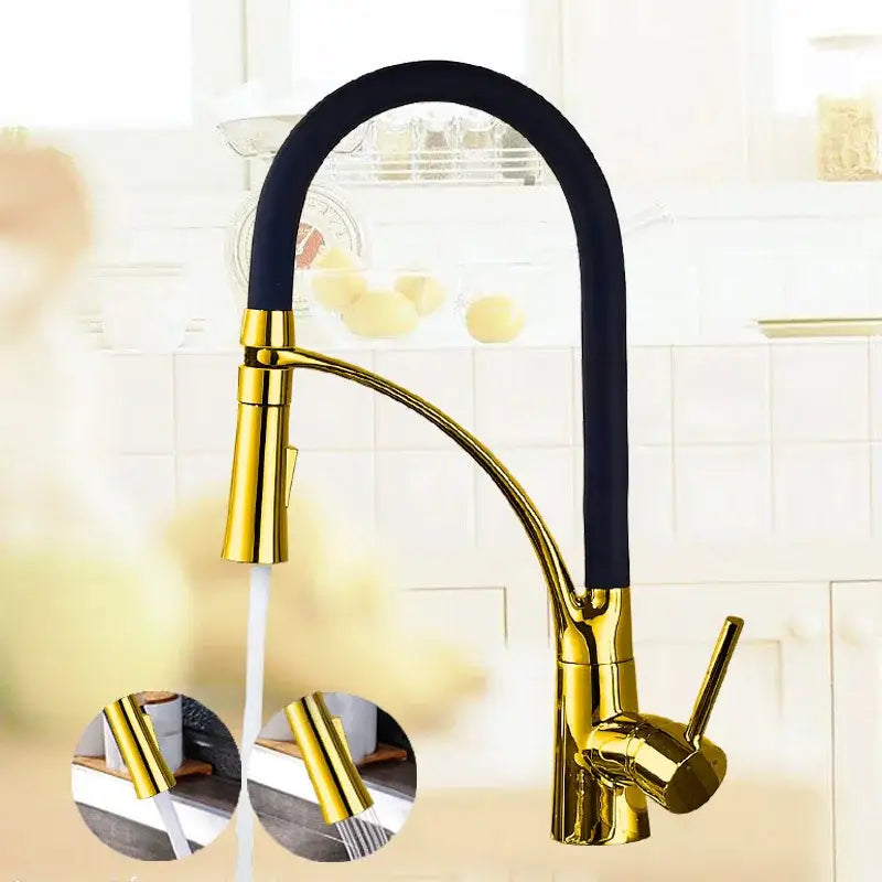 DecorBites black hose kitchen mixer tap with gold finish, black rubberized arch, and pull-down spout design