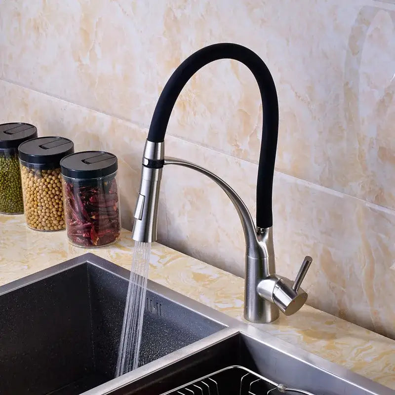 Modern black and stainless steel kitchen mixer tap with flexible hose and single handle chrome finish stream sprayer