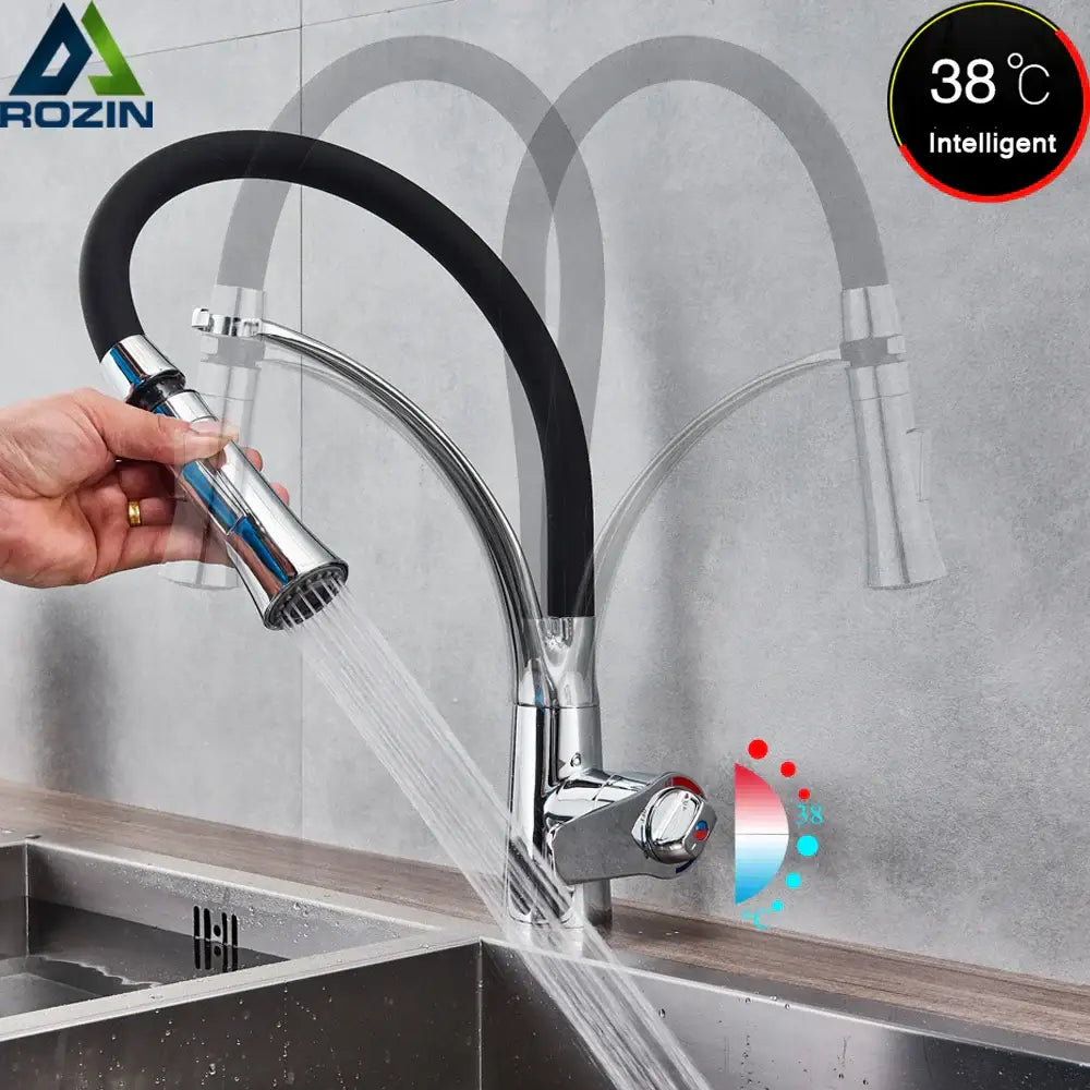 DecorBites™ black hose kitchen mixer tap with chrome finish, flexible pull-out spray head, and single handle control
