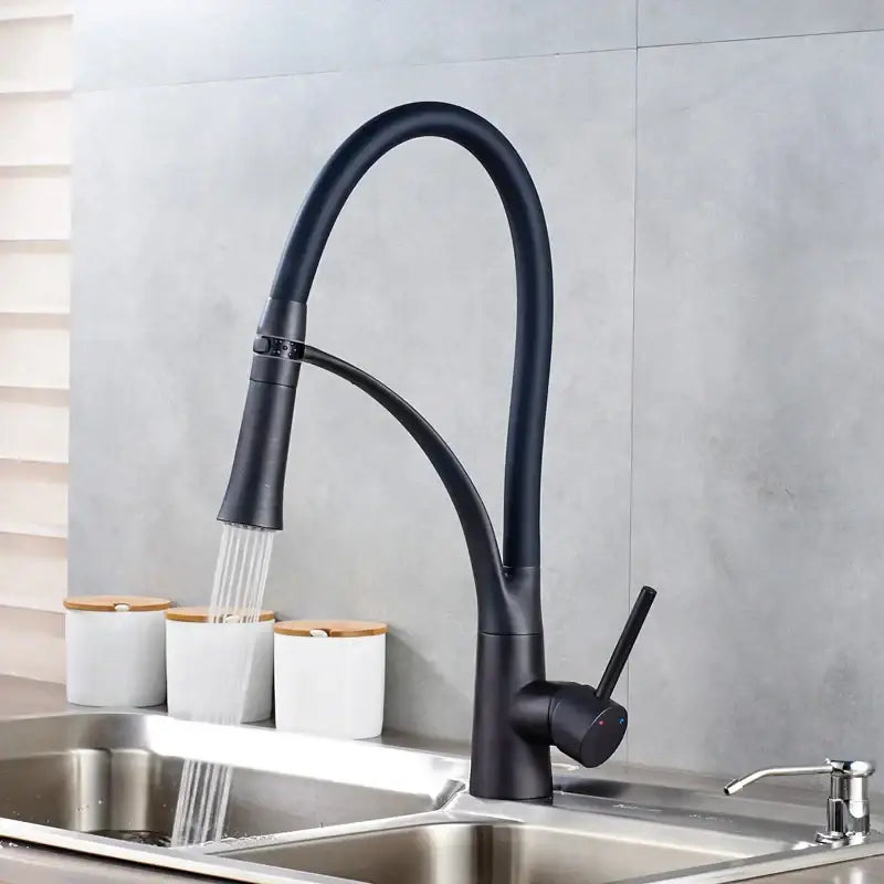 DecorBites black kitchen mixer tap with matte finish curved spout and pull-down spray head for modern kitchens