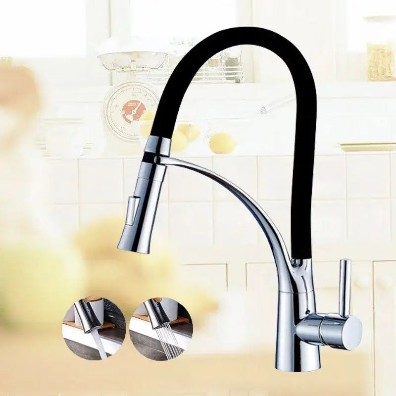Modern chrome finish kitchen mixer tap with flexible black hose and single handle pull-down spray head by decorbites