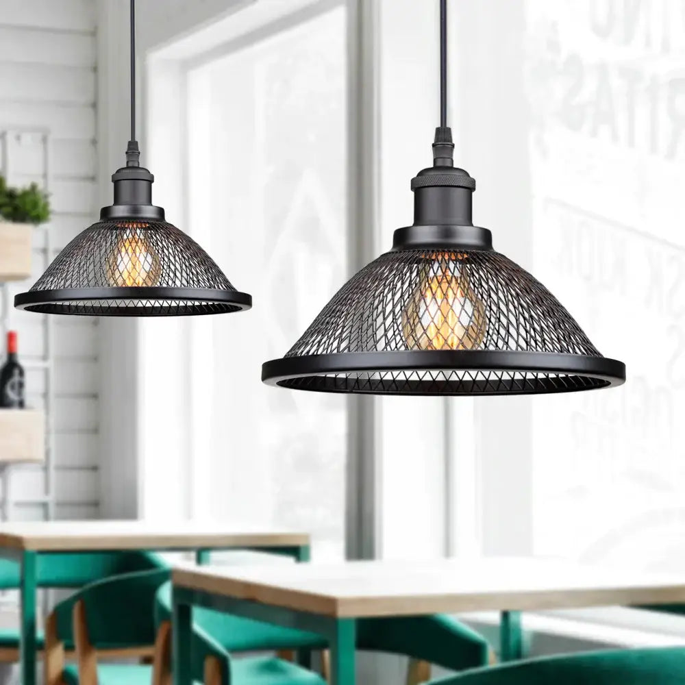 Decorbites black industrial pendant light with black industrial cage design and exposed filament bulbs for kitchen island