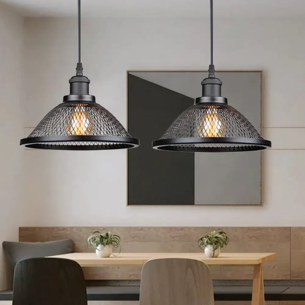 Decorbites black industrial pendant light with black metal cage and warm glowing bulbs for kitchen island dining room