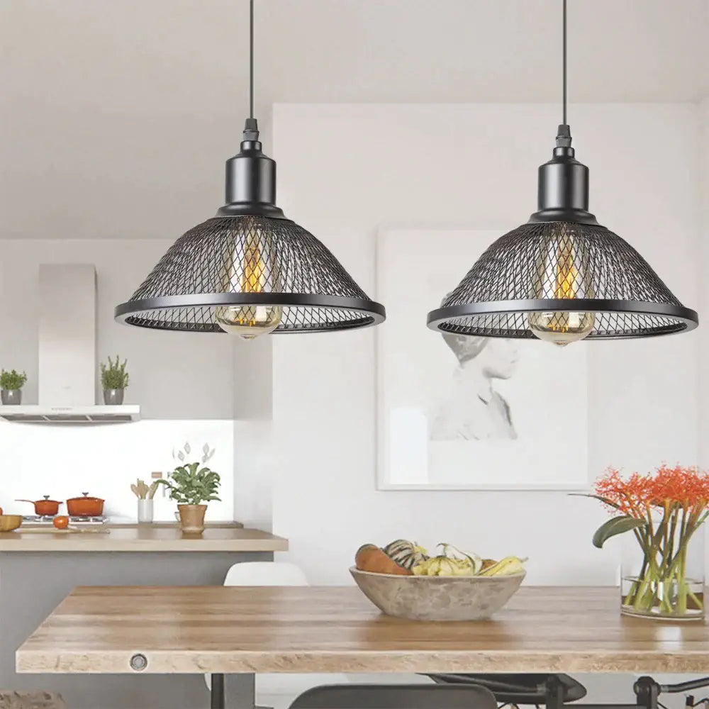 Decorbites black industrial pendant light with black industrial cage mesh shades and exposed bulbs for kitchen island lighting