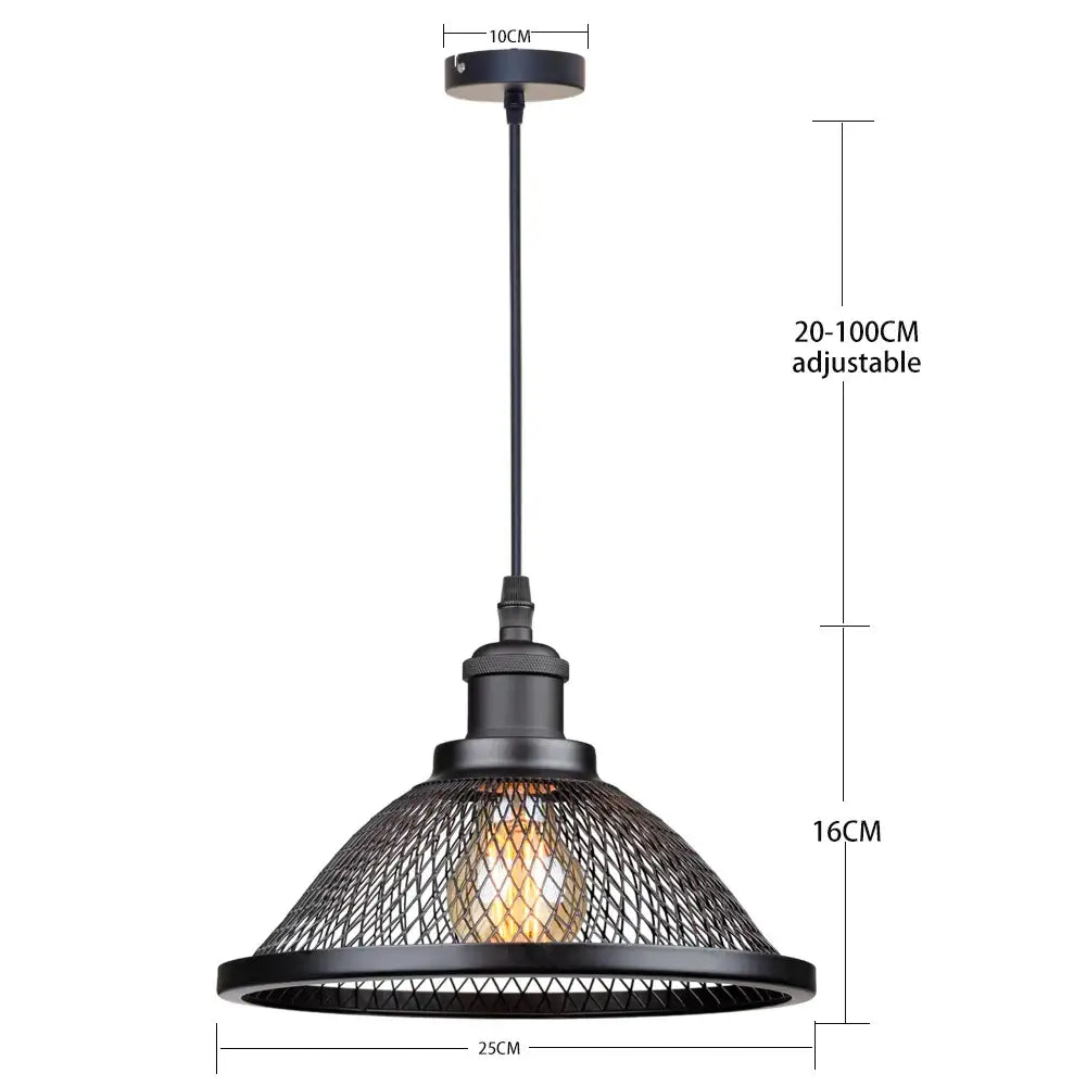 Decorbites black industrial pendant light with black metal mesh cage and exposed bulb for kitchen island dining room