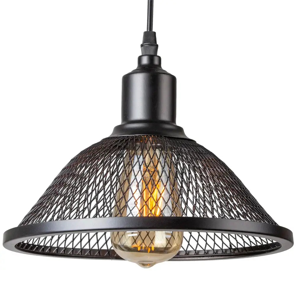 DecorBites black industrial pendant light with black industrial cage mesh design and exposed filament bulb for kitchen island