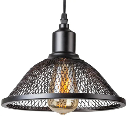 DecorBites black industrial pendant light with black industrial cage mesh design and exposed filament bulb for kitchen island