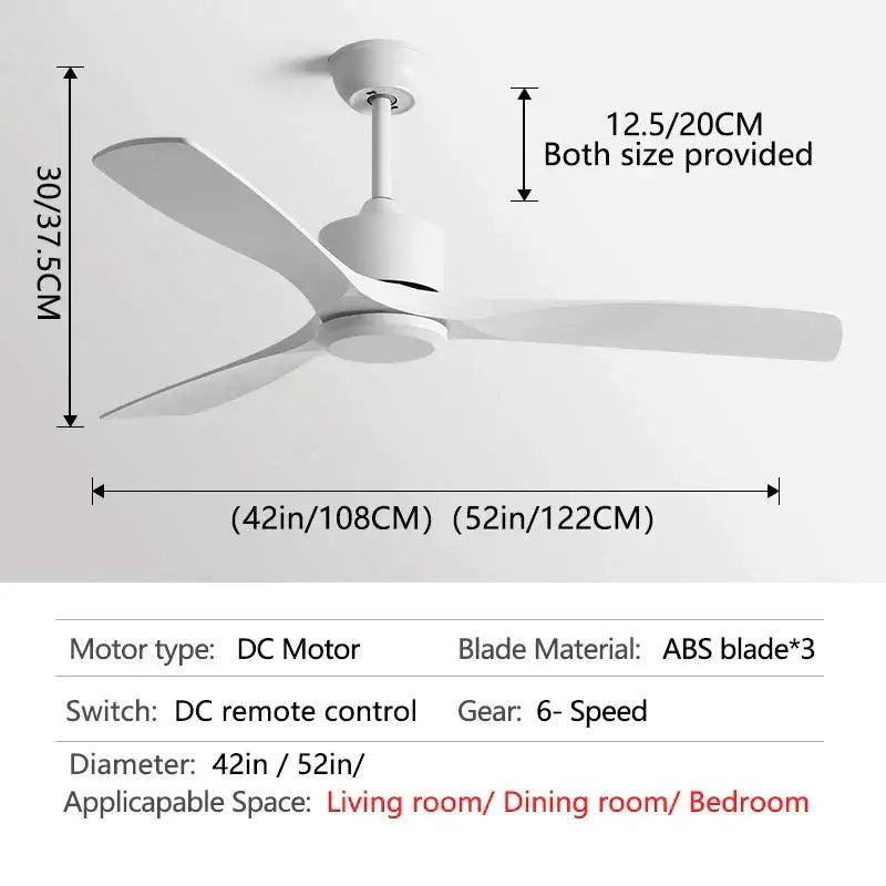 White ceiling fan with three abs blades and dc motor available in 42 and 52 inch diameters by decorbites black industrial