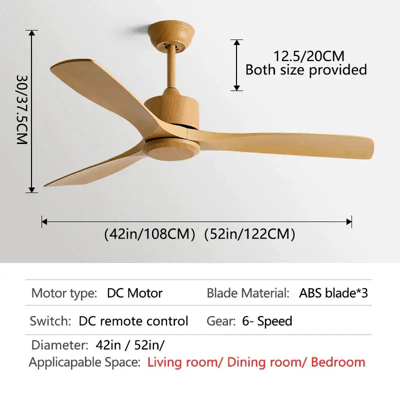 Modern wooden ceiling fan with three light-brown abs blades and central motor housing in decorbites black industrial ceiling design
