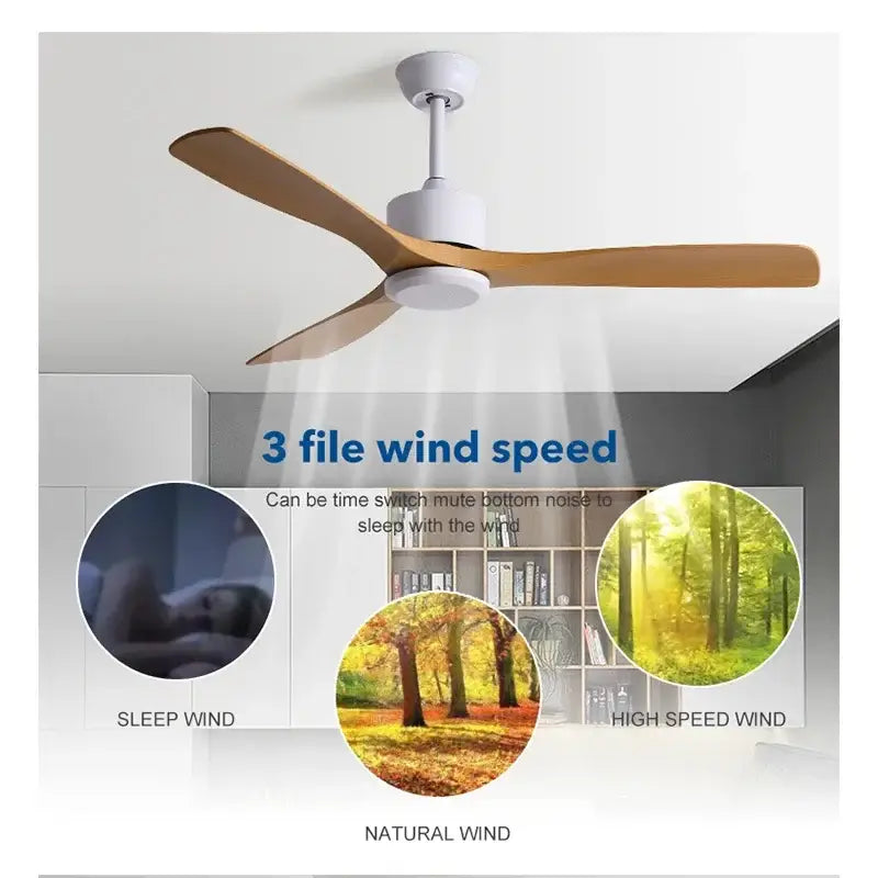 Modern decorbites black industrial ceiling fan with three wooden blades and white housing for living room and office use
