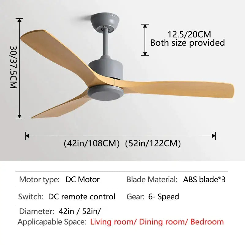 Modern decorbites black industrial ceiling fan with three light wood abs blades and sleek gray motor housing in 52 inch model