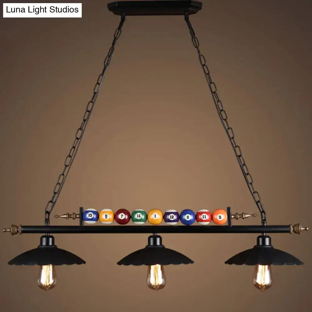 Decorbites™ black industrial metal 3-light suspension lamp with dome wide flare, chain cord length, and billiard balls fixture