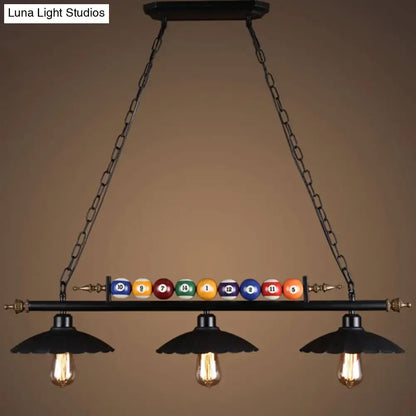 Decorbites™ black industrial metal 3-light suspension lamp with dome wide flare, chain cord length, and billiard balls fixture