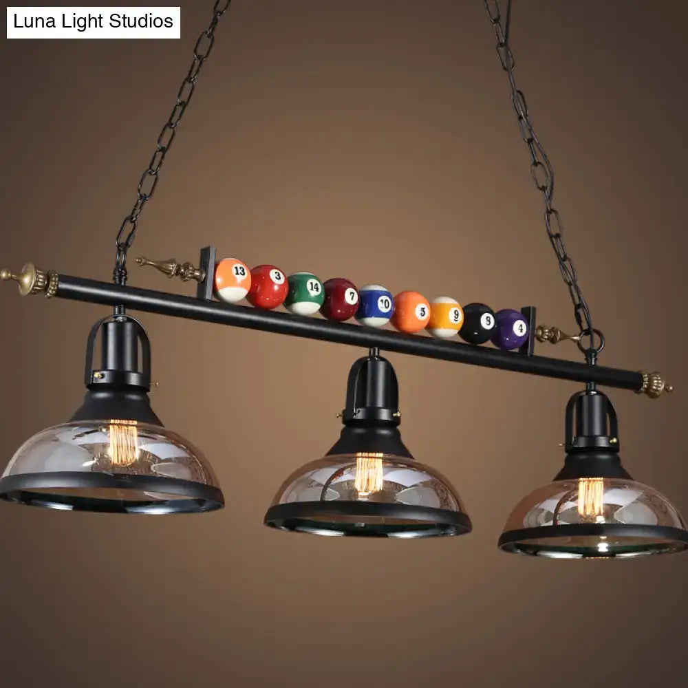 Decorbites™ black industrial metal 3-light suspension lamp with dome wide flare and colorful billiard balls on chain cord length