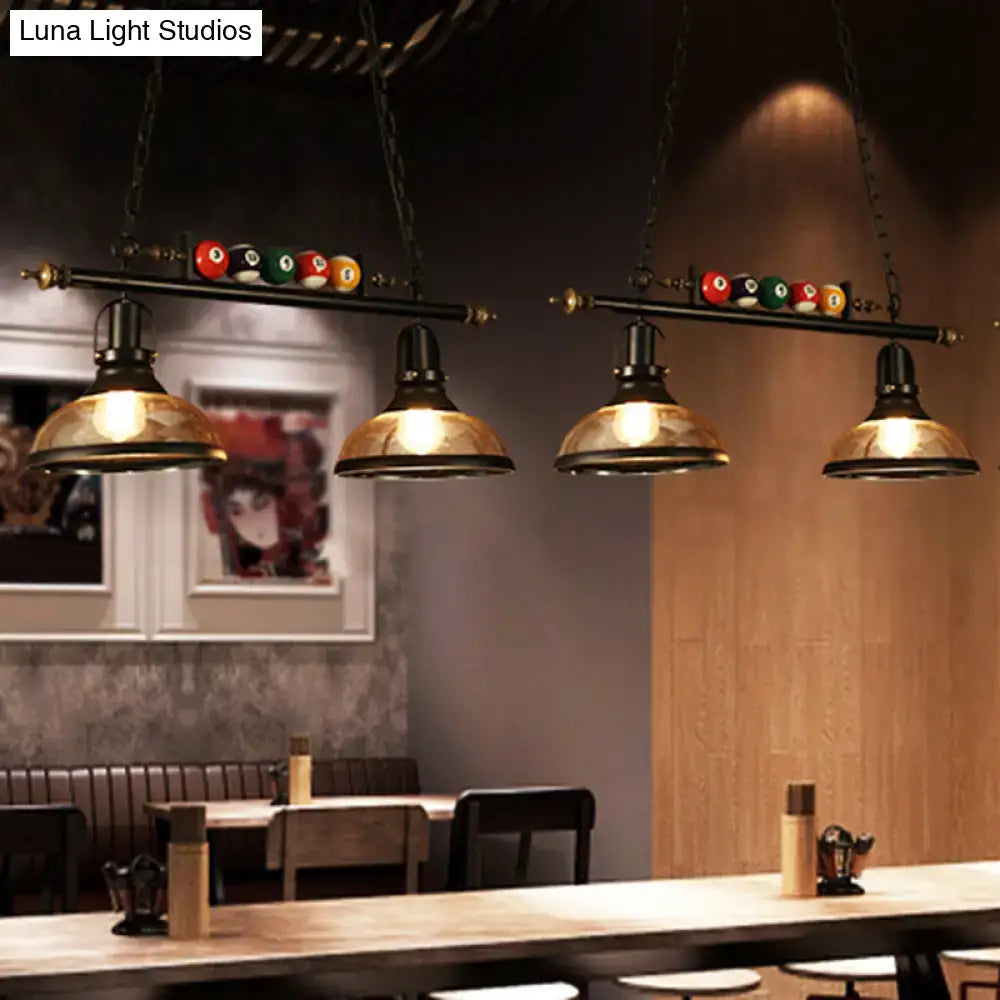 Decorbites black industrial metal linear island light with 3-light suspension lamp brass dome wide flare shades and chain cord length above pool table