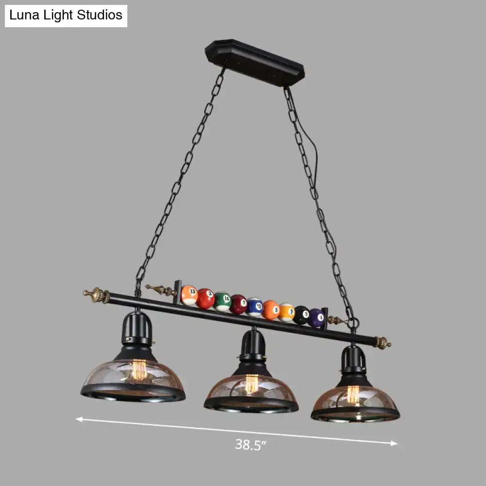 DecorBites black industrial metal 3-light suspension lamp with dome wide flare amber shades and billiard balls decorative bar