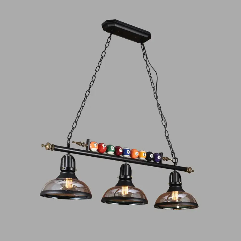DecorBites black industrial metal 3-light suspension lamp with amber dome wide flare shades and billiard balls decorative bar